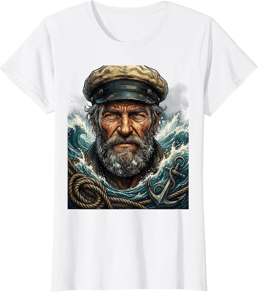 Women's Salty Old Sailor Weathered Face Sea Spray Art T-Shirt - White