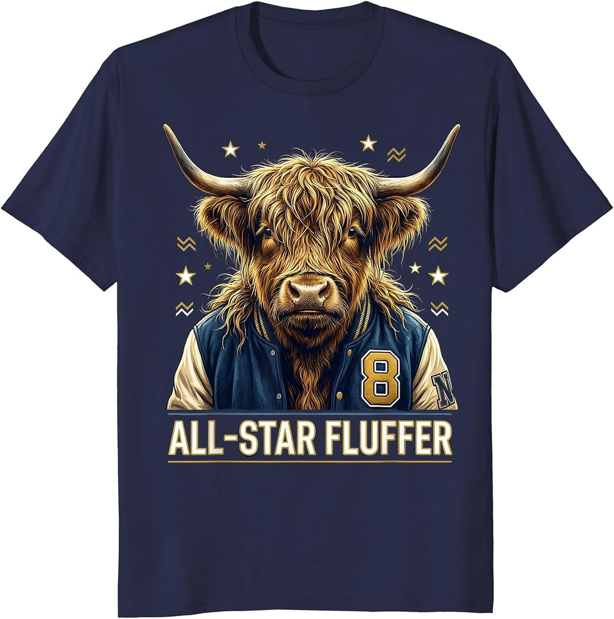 All-Star Fluffer Highland Cow Varsity Design T-Shirt - Navy Blue