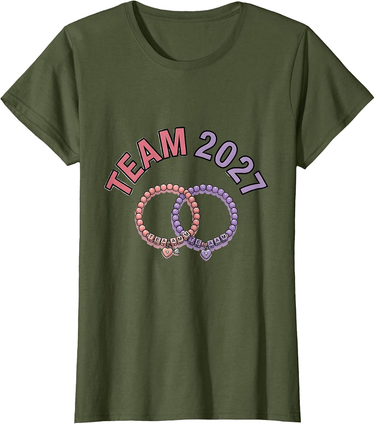 Women's Team 2027 Cute Matching Friendship Bead Bracelets Girls T-Shirt - Olive Green