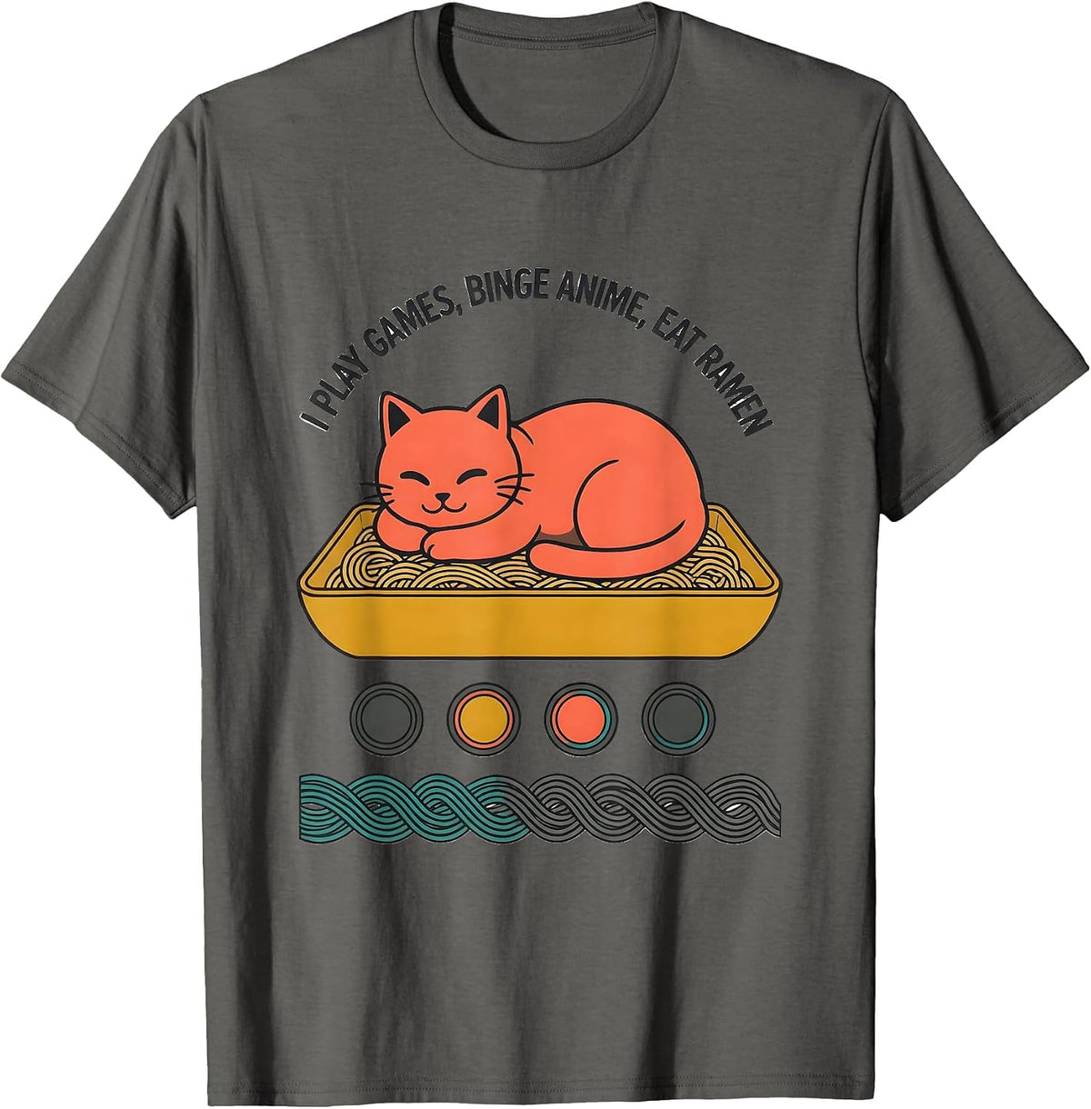 Men's I Play Games, Binge Anime, Eat Ramen Kawaii Cat Gamer Humor T-Shirt - Asphalt Grey