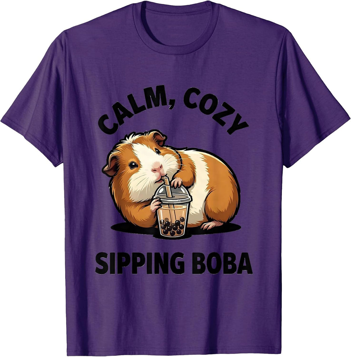 Men's Calm Cozy Sipping Boba Cute Kawaii Guinea Pig Anime Girl T-Shirt - Purple