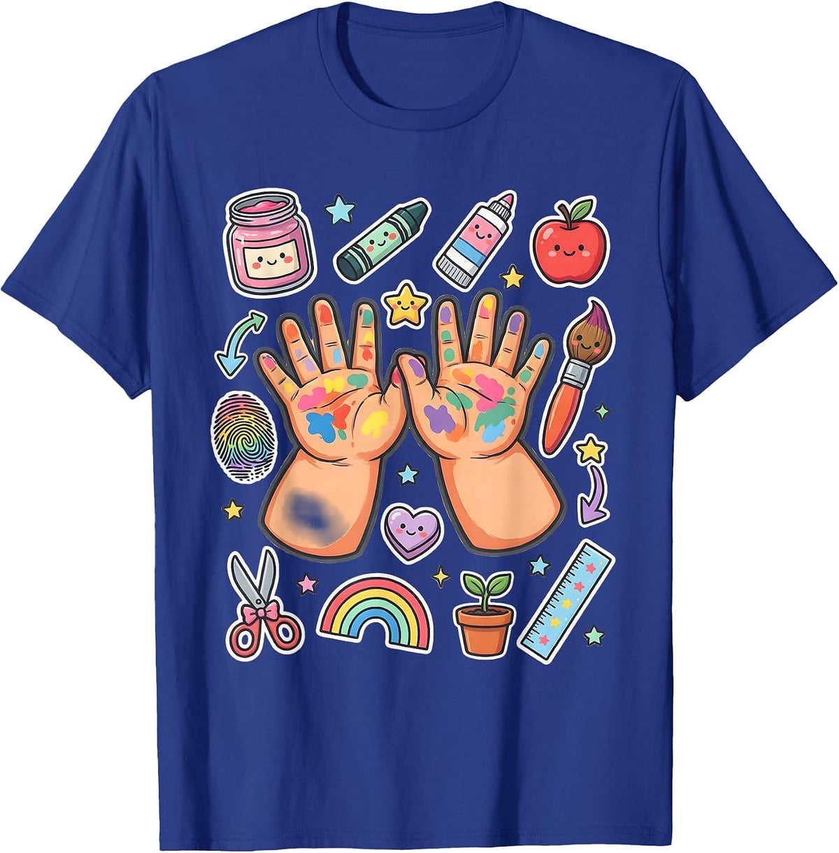Kindergarten Teacher Paint Hands Graphic T-Shirt - Royal Blue