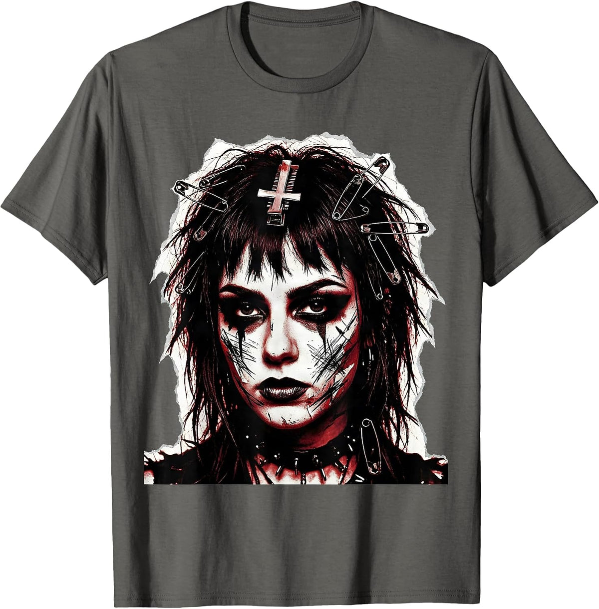 Emo Girl Upside-Down Cross Hair Clip Graphic T-Shirt - Asphalt Grey