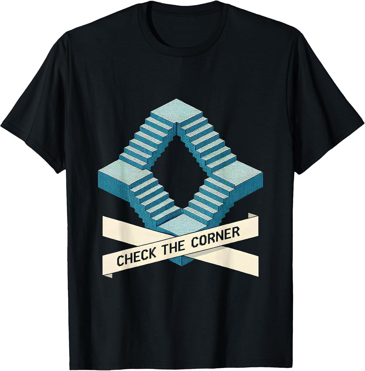 Men's CHECK THE CORNER Pixel Art Optical Illusion Trippy Gift T-Shirt - Black