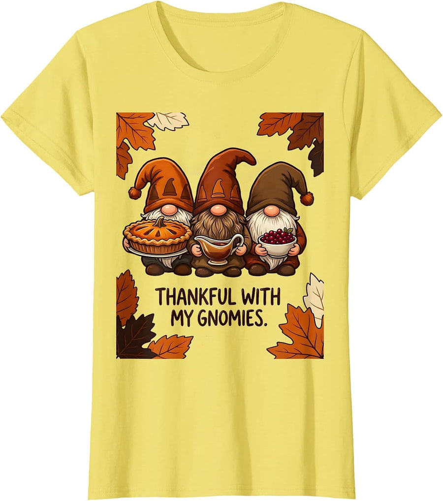 Thankful With My Gnomies Funny Gnome Lover Thanksgiving T-Shirt - Lemon Yellow