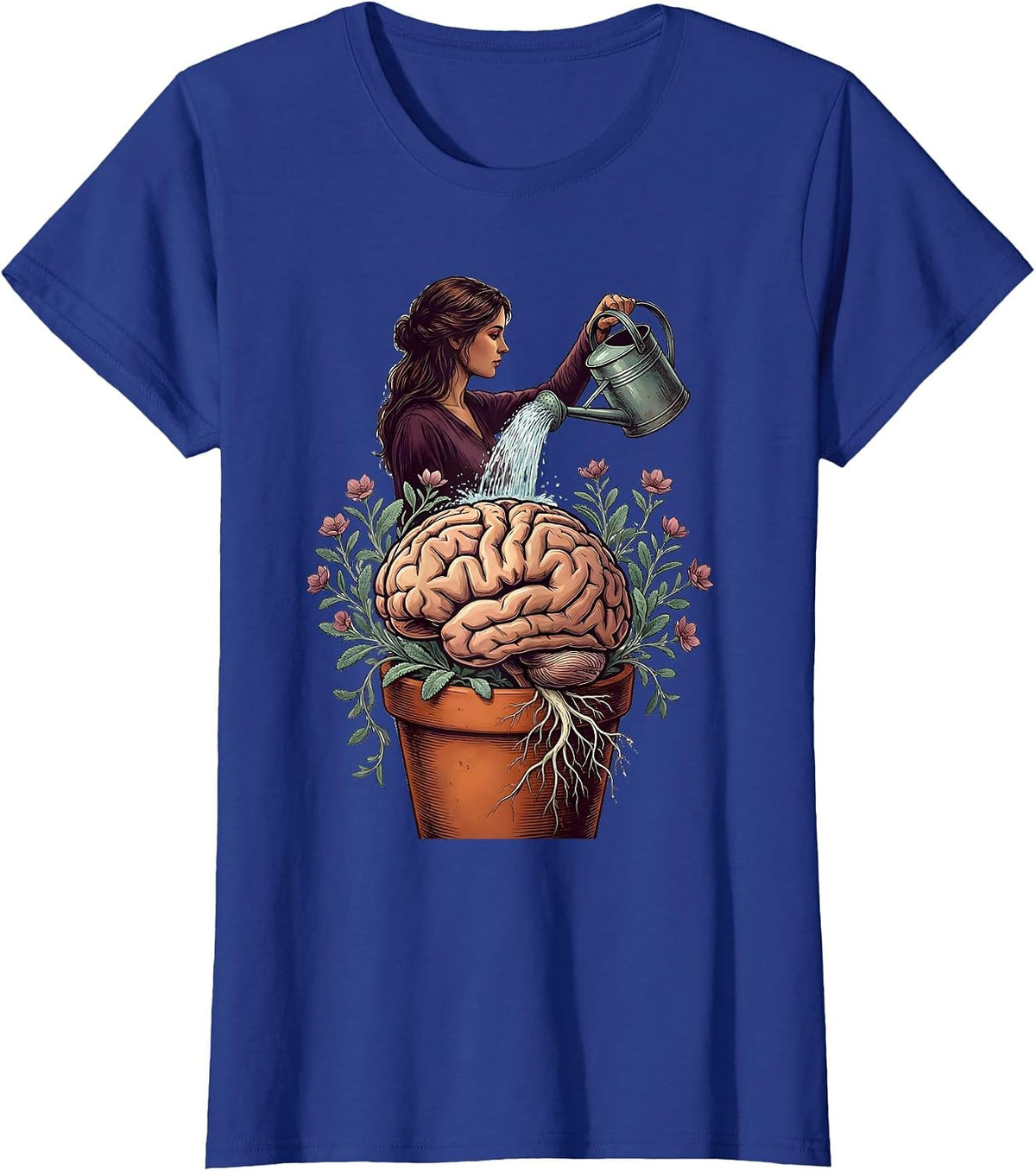 Women's Grow Your Mind Brain Watering Plant Illustration T-Shirt - Royal Blue