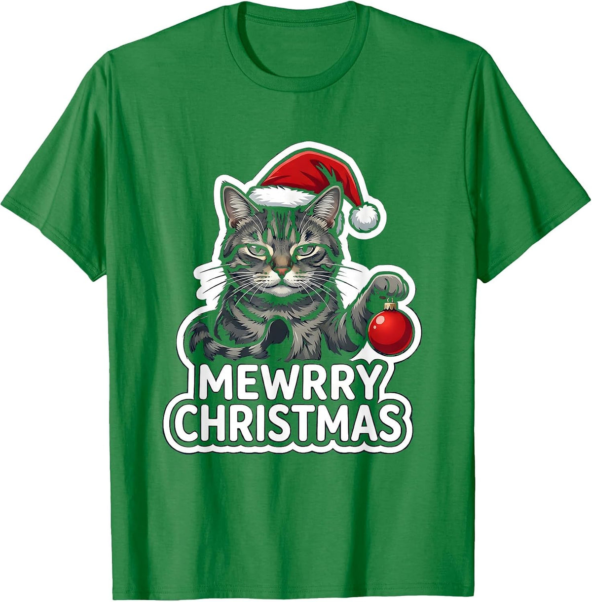 Men's Mewrry Christmas Funny Cat Lover Holiday Humor Sticker T-Shirt - Kelly Green