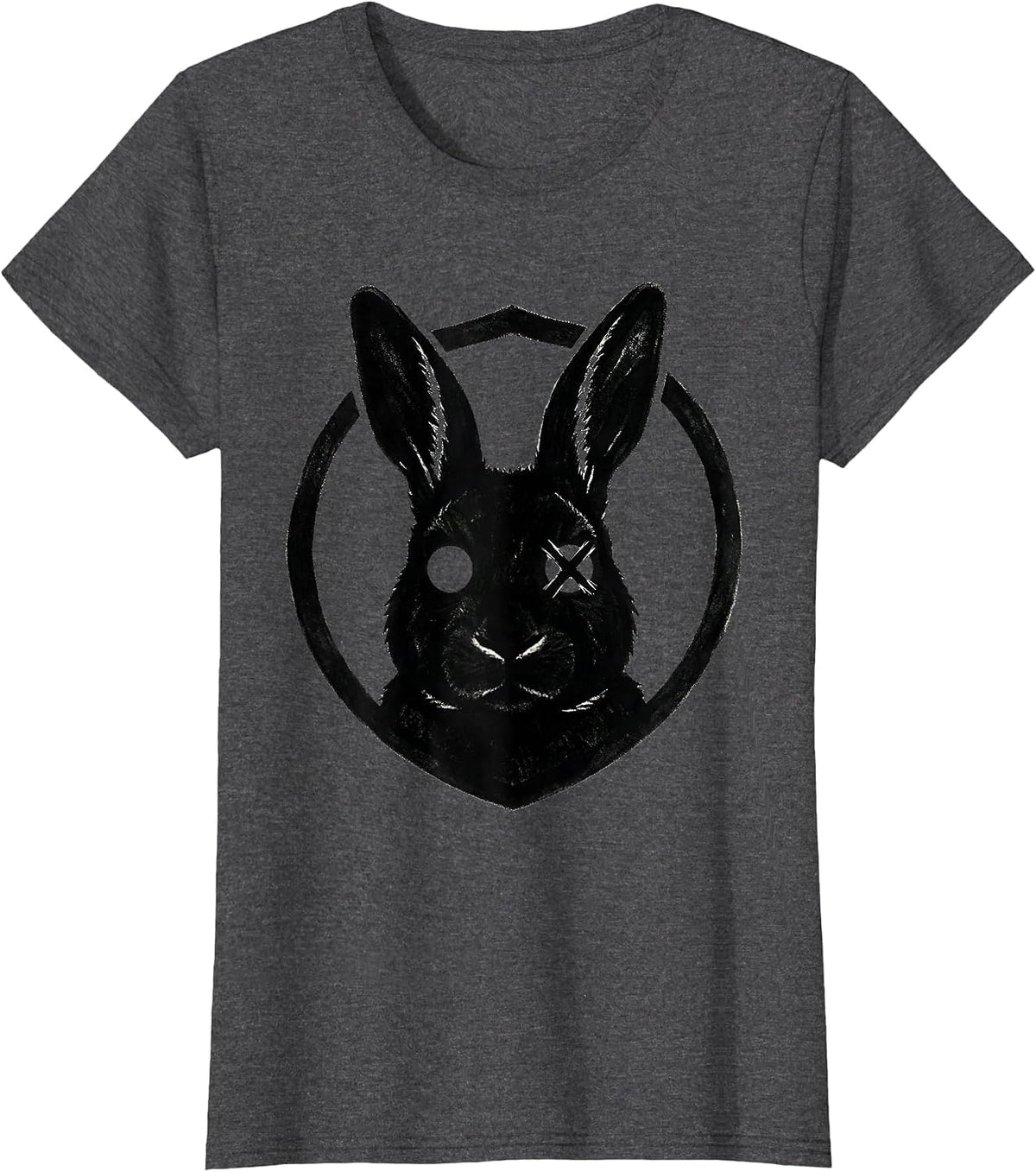 Women's Circular Shield Stencil Bunny Alt Goth Horror Aesthetic T-Shirt - Dark Heather Grey