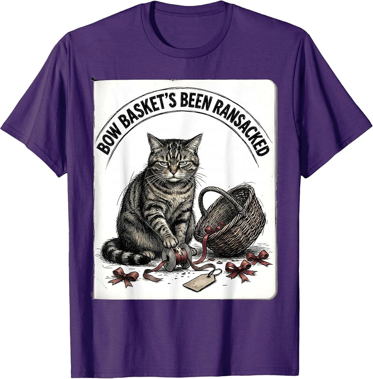Bow Basket's Been Ransacked Funny Cat Lover Christmas Grumpy T-Shirt - Purple