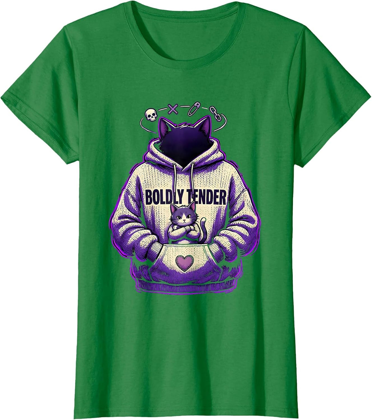 Women's Boldly Tender Emo Goth Cat Girl Alt Aesthetic Dark Cute T-Shirt - Kelly Green