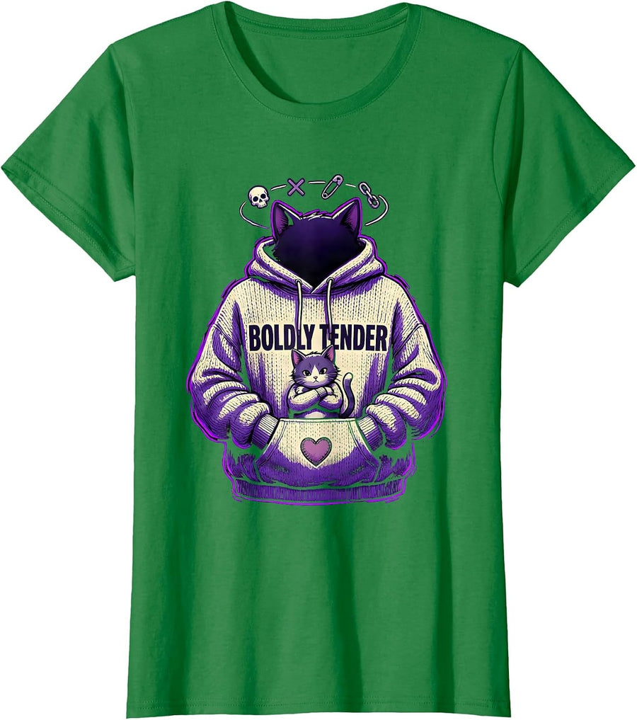 Women's Boldly Tender Emo Goth Cat Girl Alt Aesthetic Dark Cute T-Shirt - Kelly Green