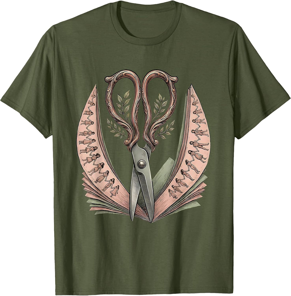 Kindergarten Teacher Scissors Paper Chain Graphic T-Shirt - Olive Green