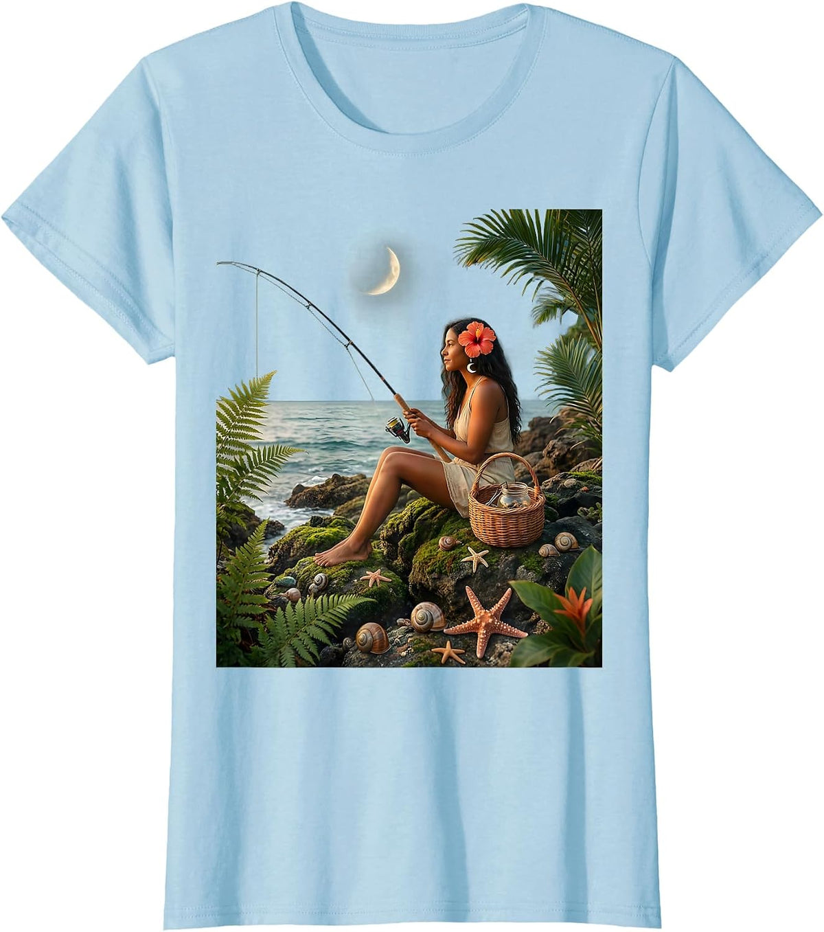 Women's Puerto Rico Coastal Cliff Fishing Illustration T-Shirt - Baby Blue