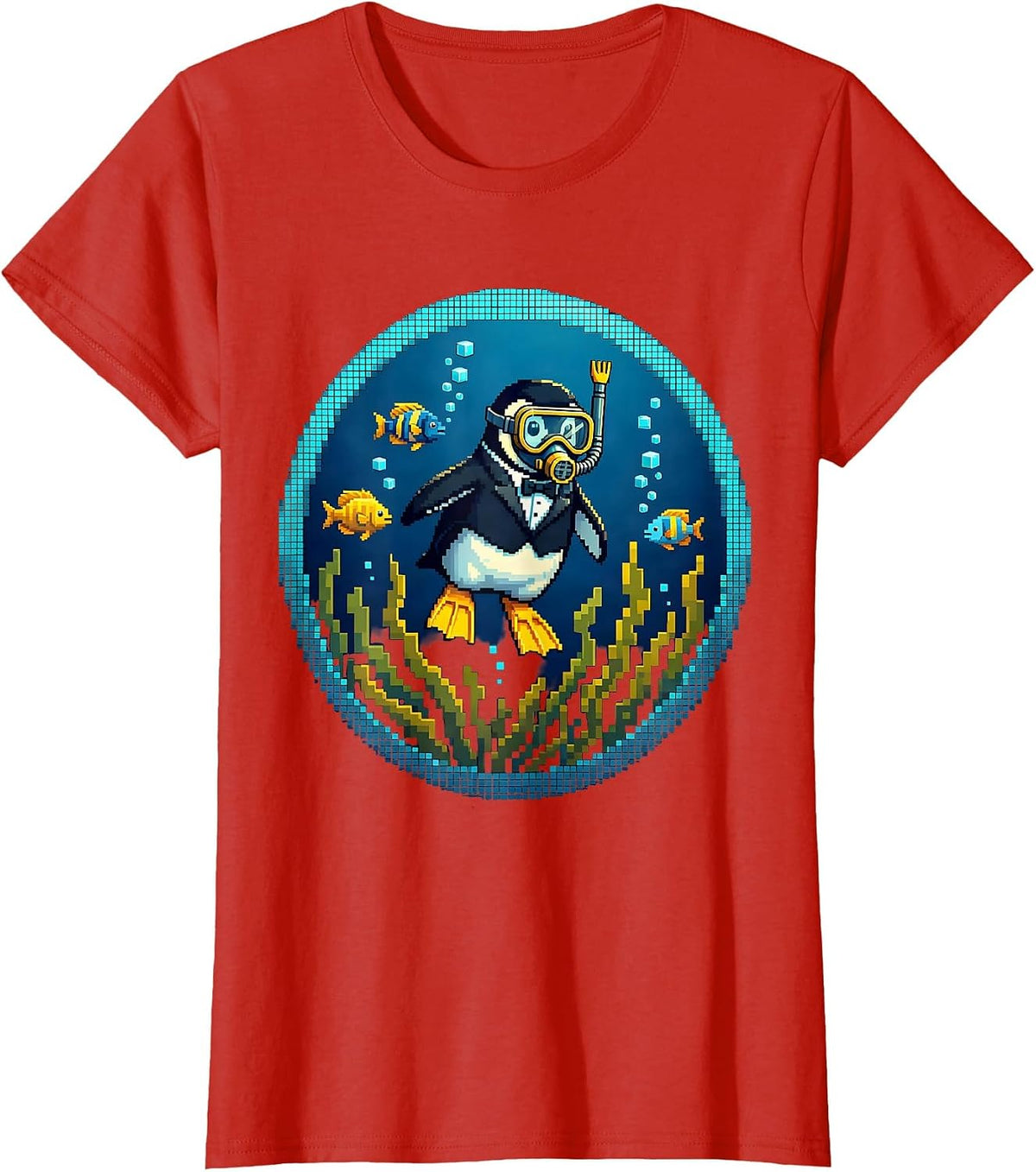 Penguin Deep Sea Diver Underwater Ocean Graphic T-Shirt - Red