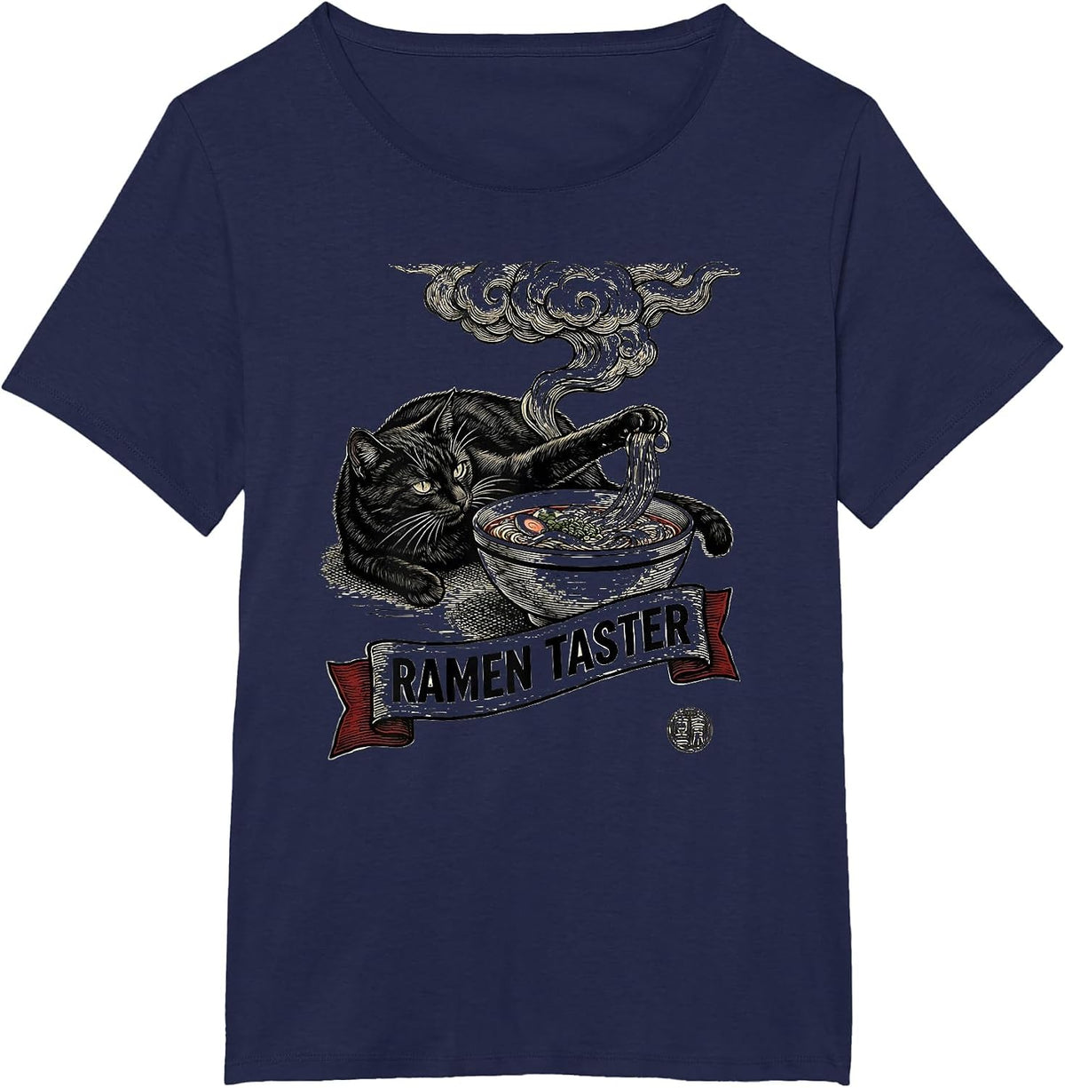 Women's Ramen Taster Funny Japanese Cat Anime Kawaii Woodcut T-Shirt - Navy Blue