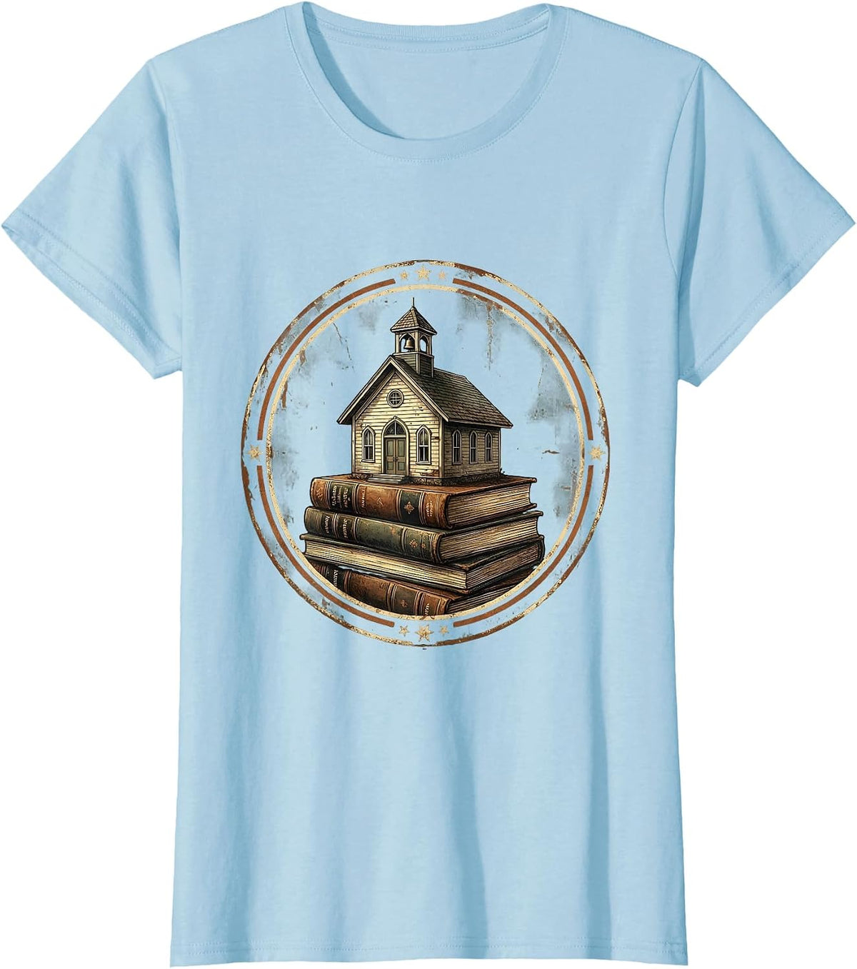 Third Grade Teacher Schoolhouse Books Illustration T-Shirt - Baby Blue