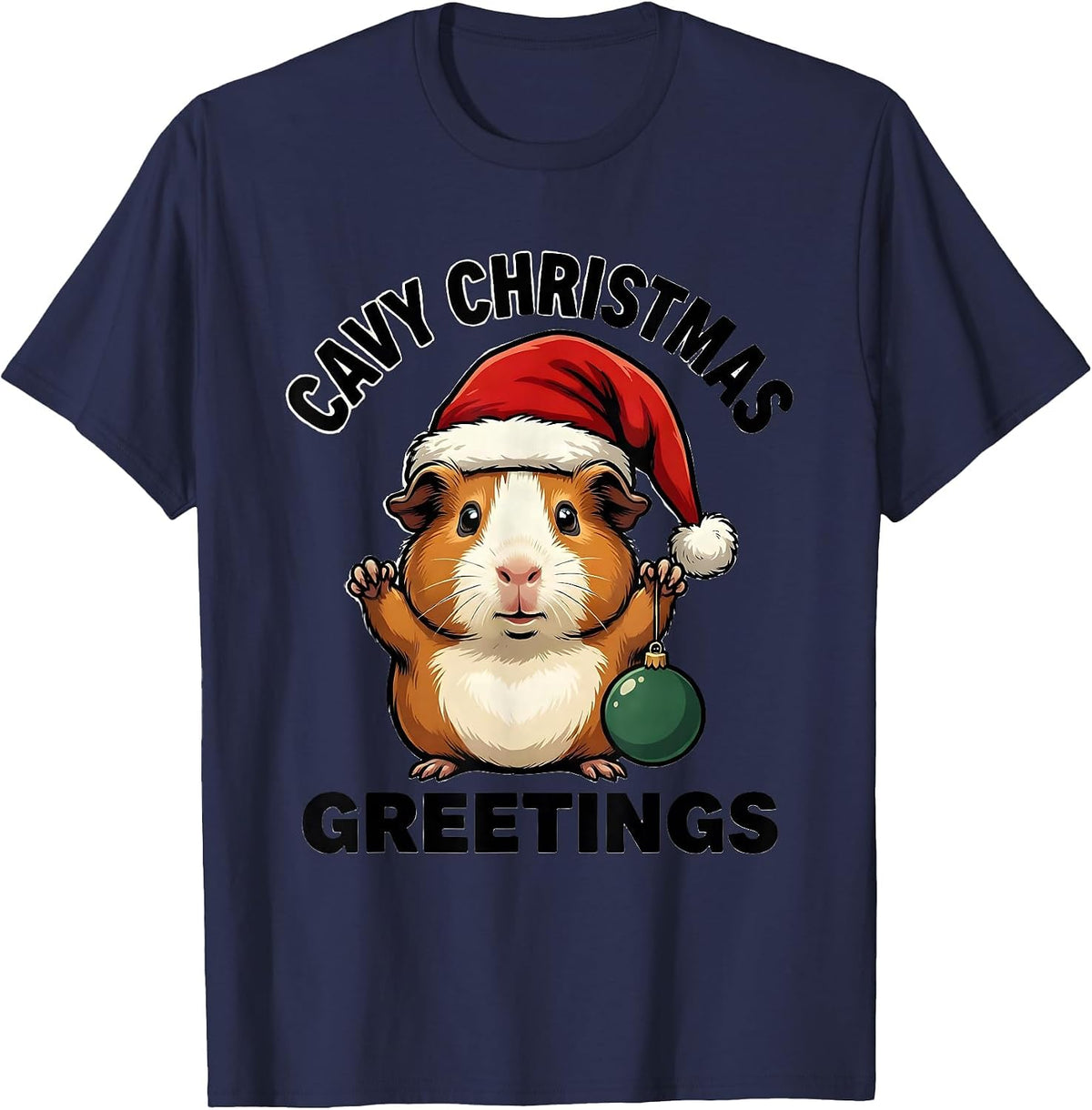 Men's Cavy Christmas Greetings Cartoon Guinea Pig Santa Hat Humor T-Shirt - Navy Blue