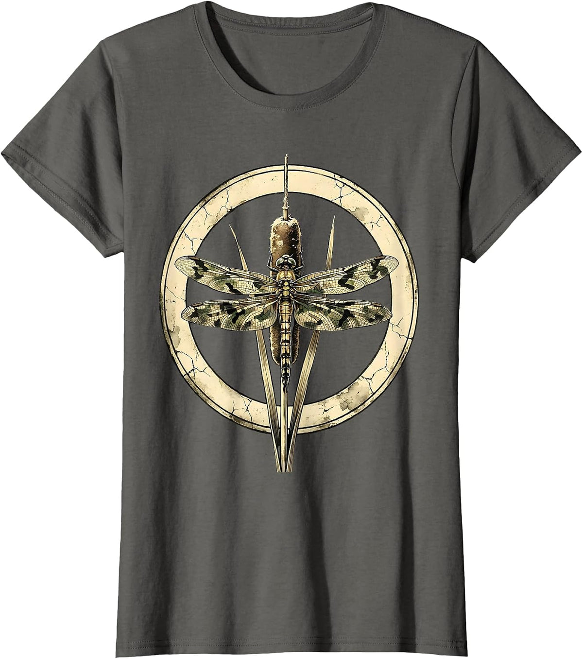 Women's Camo Dragonfly on Cattail Reed Nature Design T-Shirt - Asphalt Grey