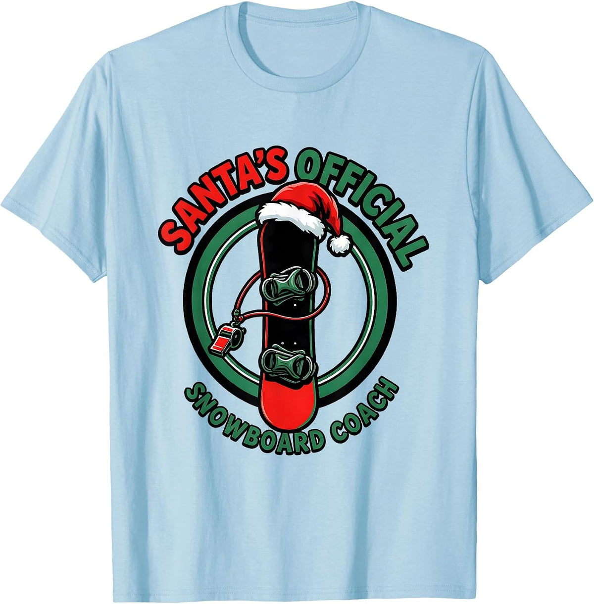 Men's Santa's Official Snowboard Coach Cartoon Snowboarder T-Shirt - Baby Blue