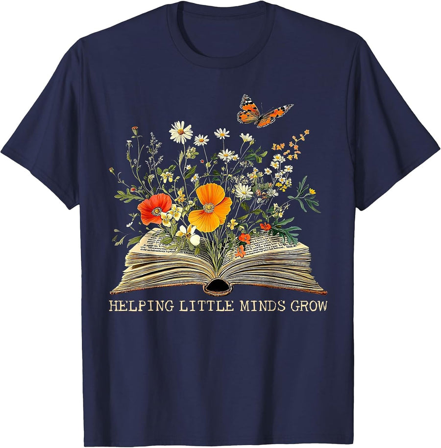 Helping Little Minds Grow Floral Book Education SPED Teacher T-Shirt - Navy Blue