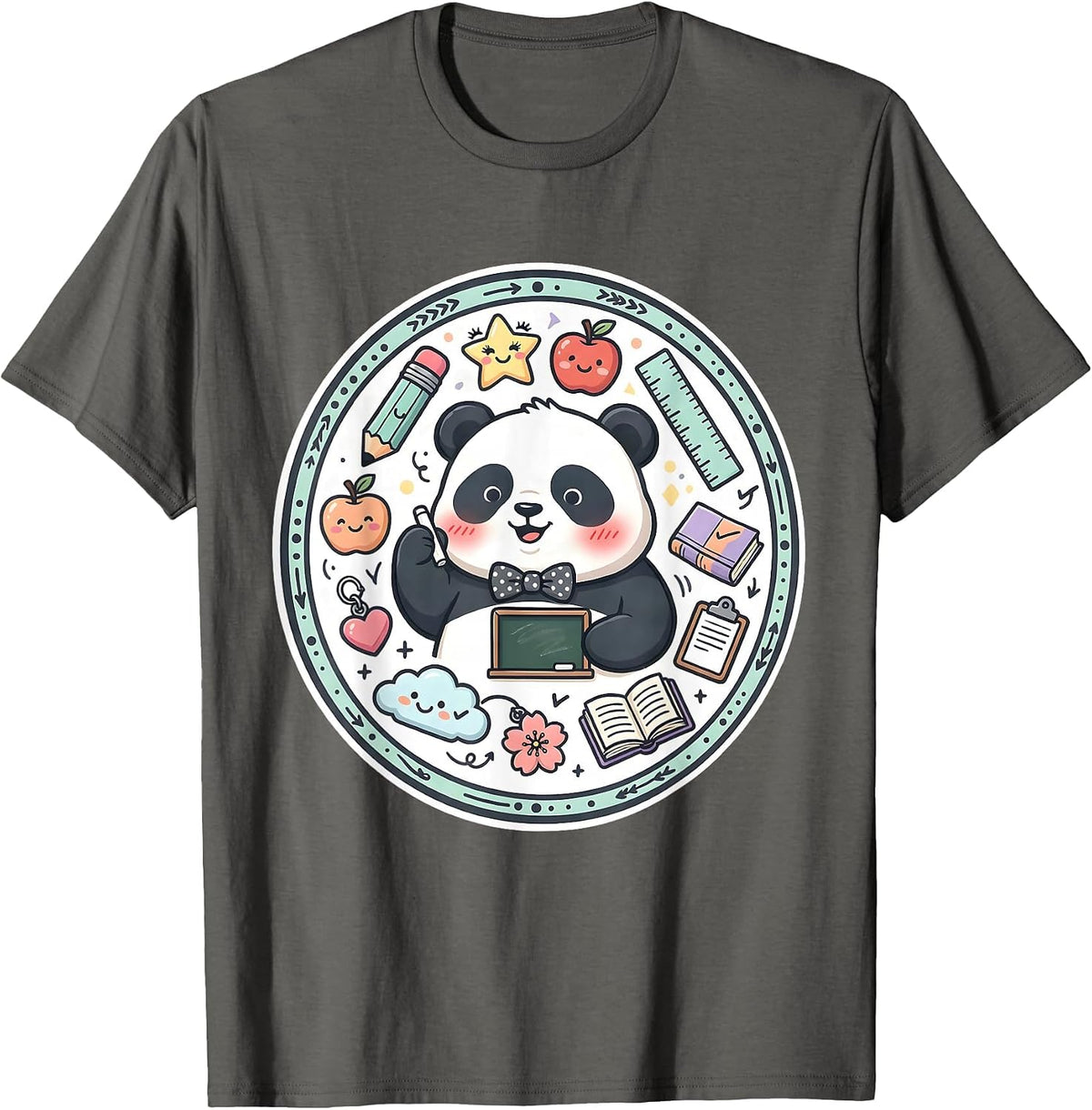 Cute Panda Teacher Bow Tie Chalkboard Design T-Shirt - Asphalt Grey
