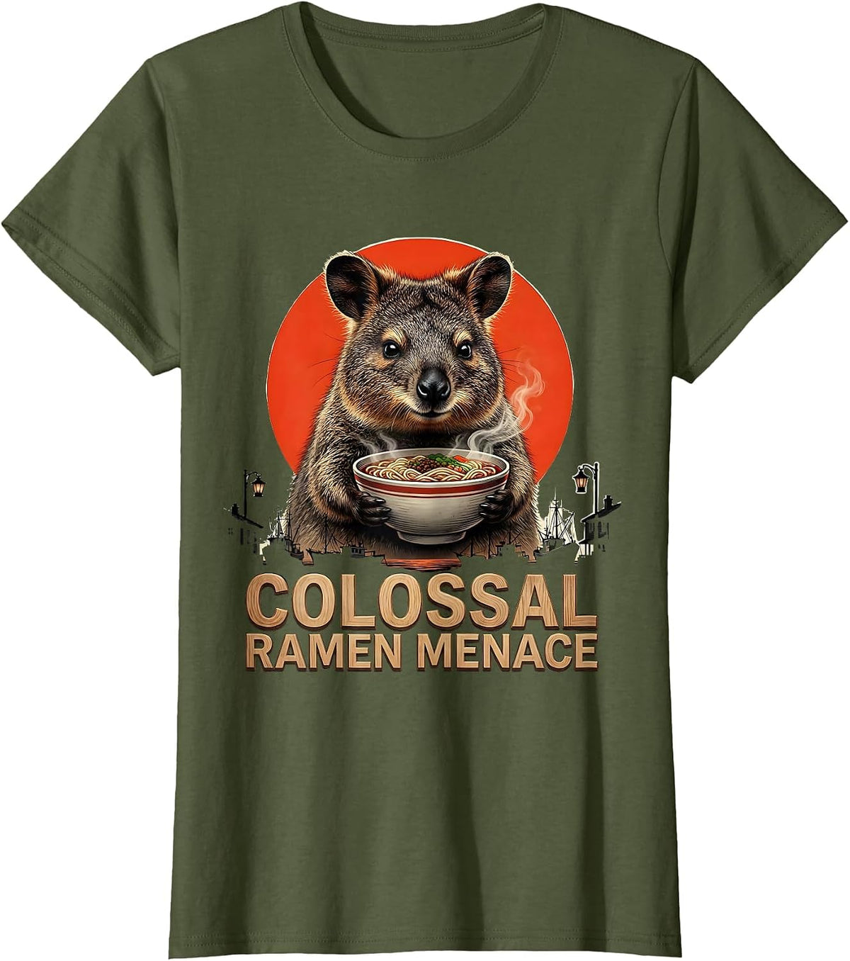 Women's Colossal Ramen Menace Funny Japanese Kaiju Kawaii Animal T-Shirt - Olive Green