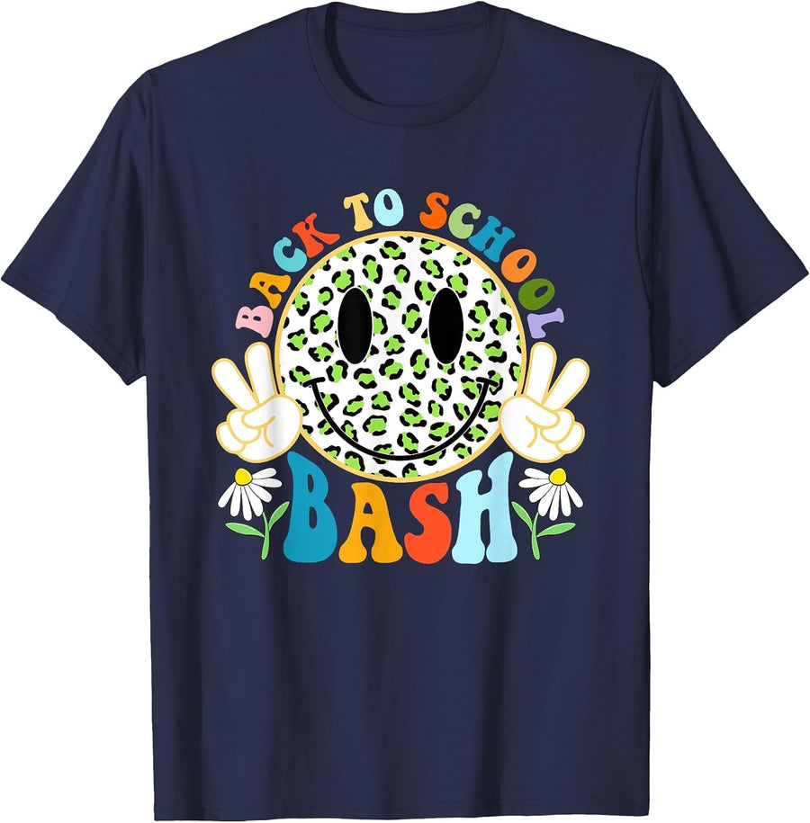 Funny Leopard Smile Face Bash Teacher Student Back to School T-Shirt - Navy Blue