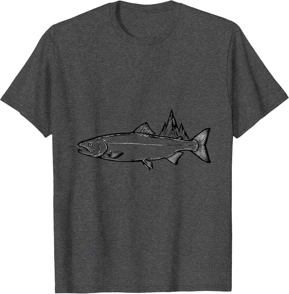 Atlantic Salmon Pulse Line Art Fishing Angler Gift T-Shirt - Dark Heather Grey