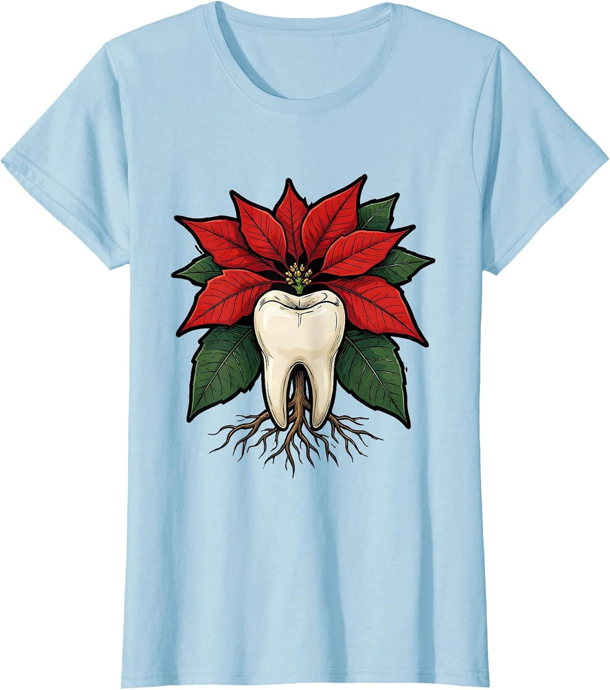 Twin-Root Poinsettia Funny Dental Christmas Dentist Humor T-Shirt - Baby Blue