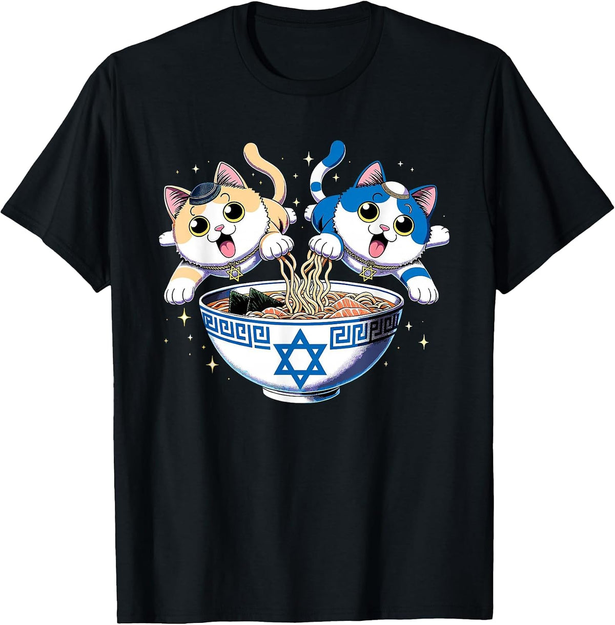 Jewish Cats Ramen Kitten Anime Hanukkah Pajamas Chanukah PJs T-Shirt - Black