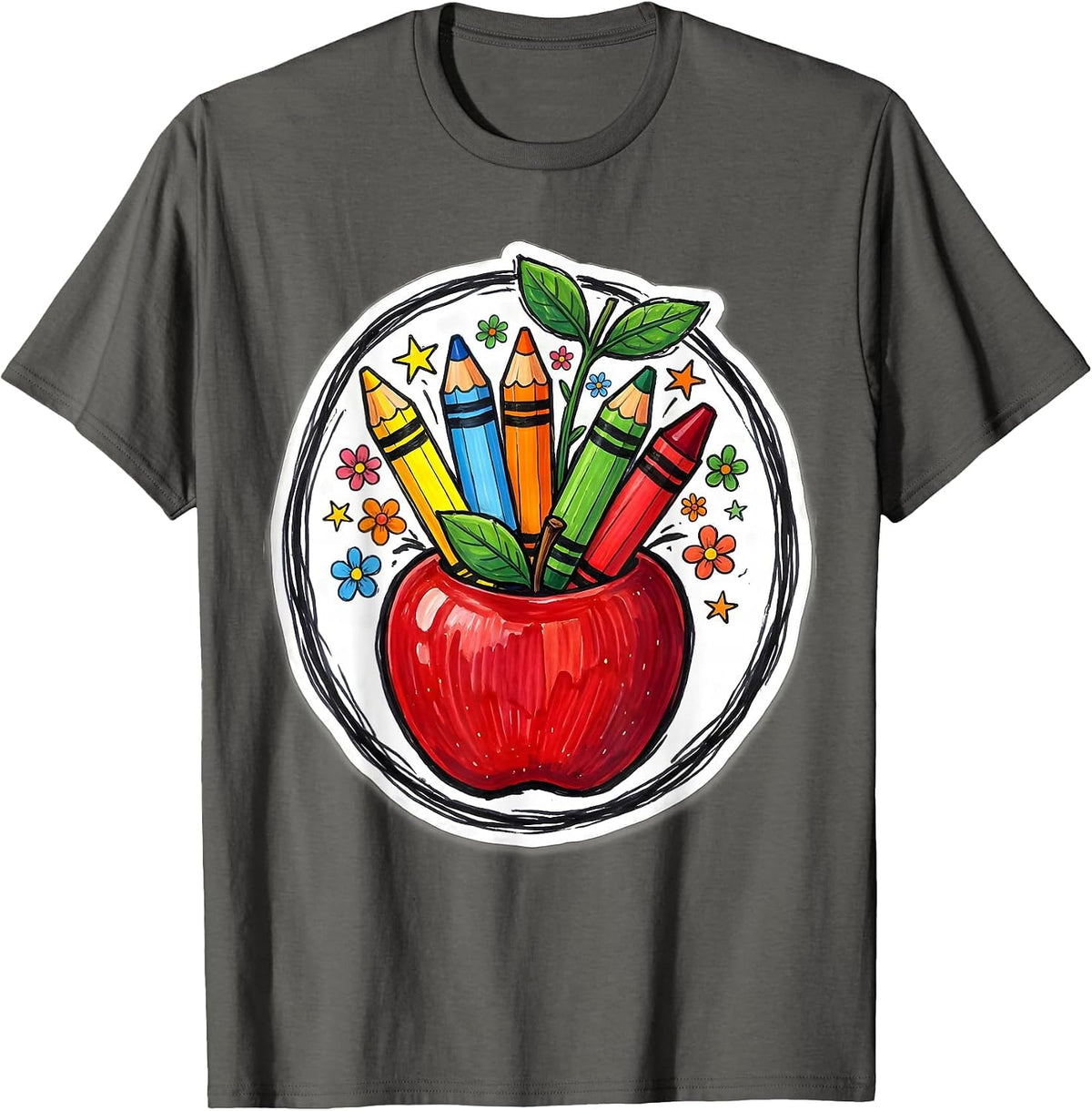 Men's Kindergarten Teacher Apple Crayon Pencil Design T-Shirt - Asphalt Grey