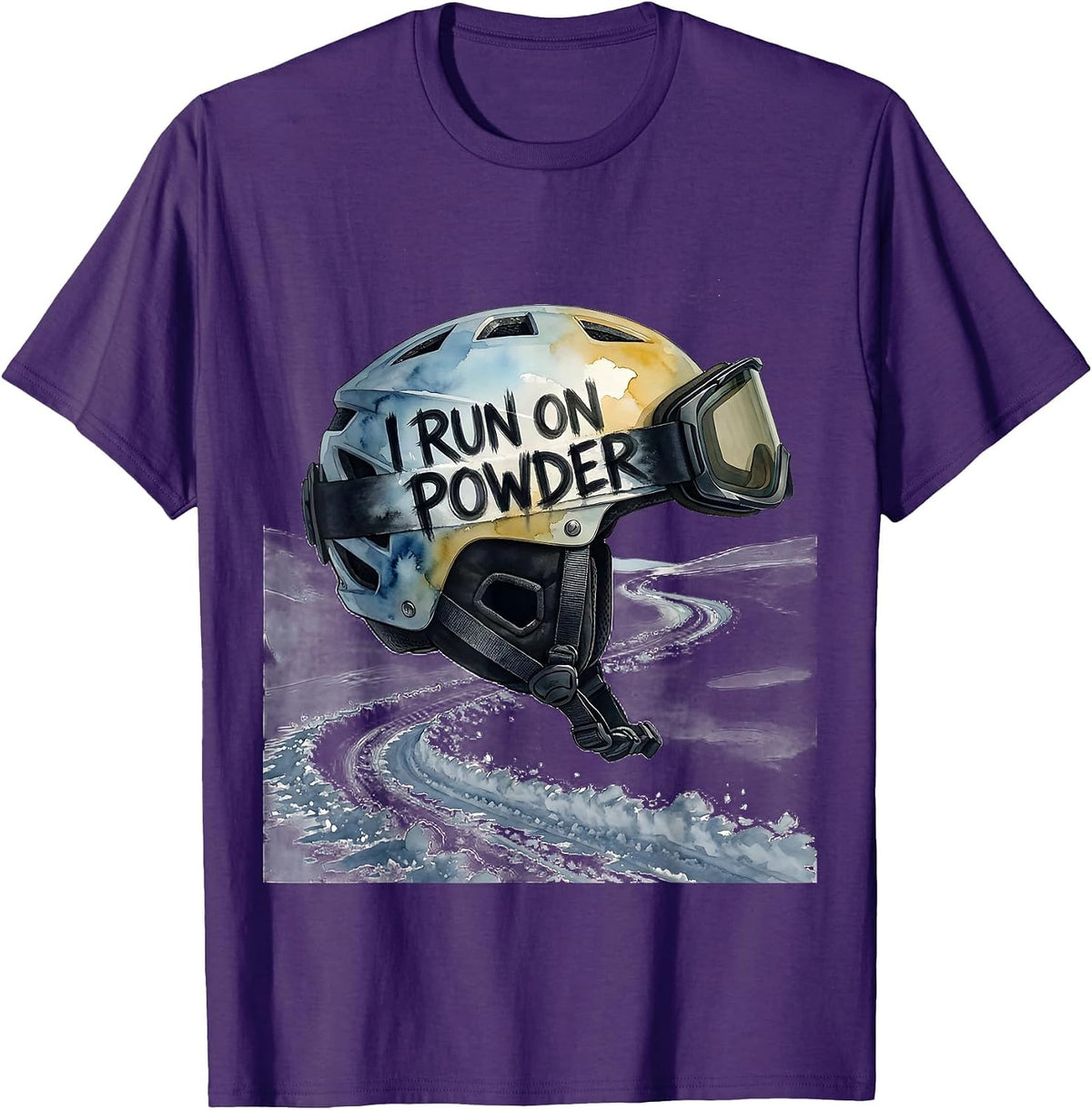 Men's I Run On Powder Watercolor Ski Helmet Funny Ski Lover Gift T-Shirt - Purple