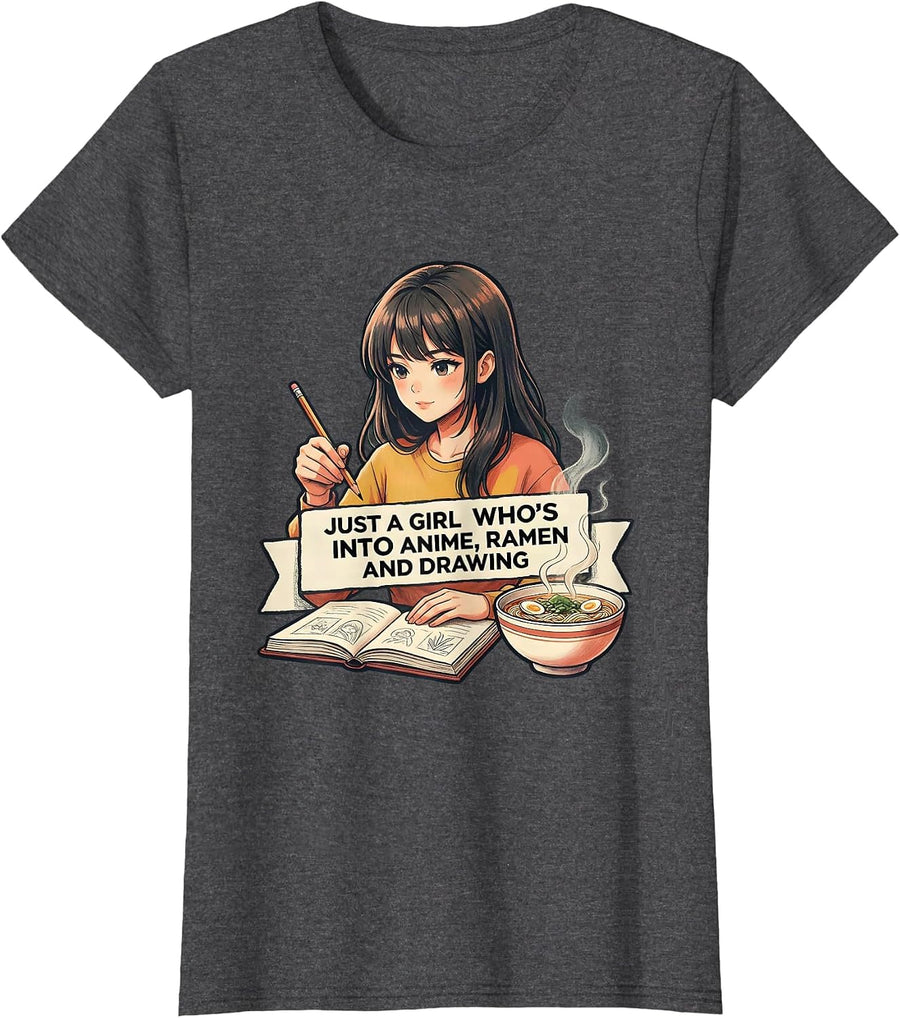 Women's Just A Girl Who's Into Anime Ramen And Drawing Anime Lover T-Shirt - Dark Heather Grey