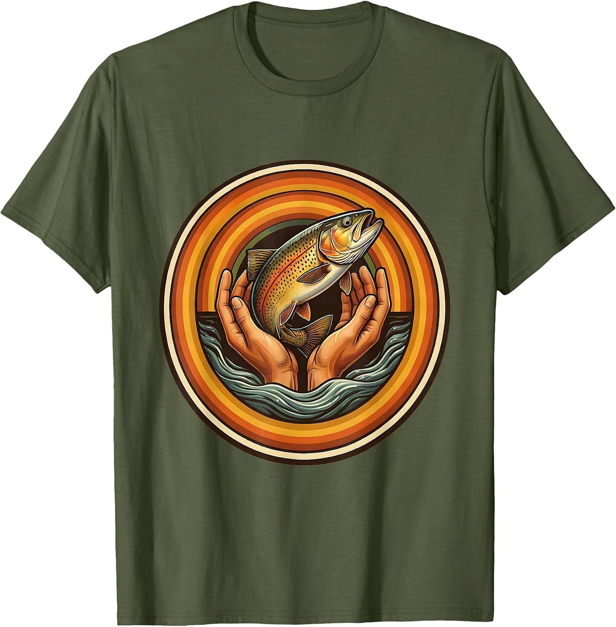 Catch and Release Trout Stream Fishing Graphic T-Shirt - Olive Green