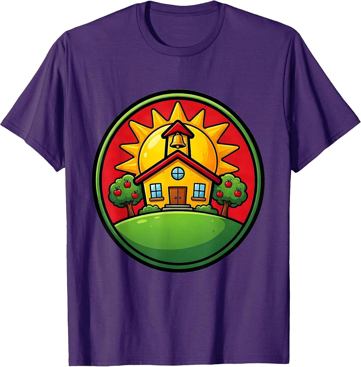 3rd Grade Teacher Schoolhouse Sunrise Illustration T-Shirt - Purple