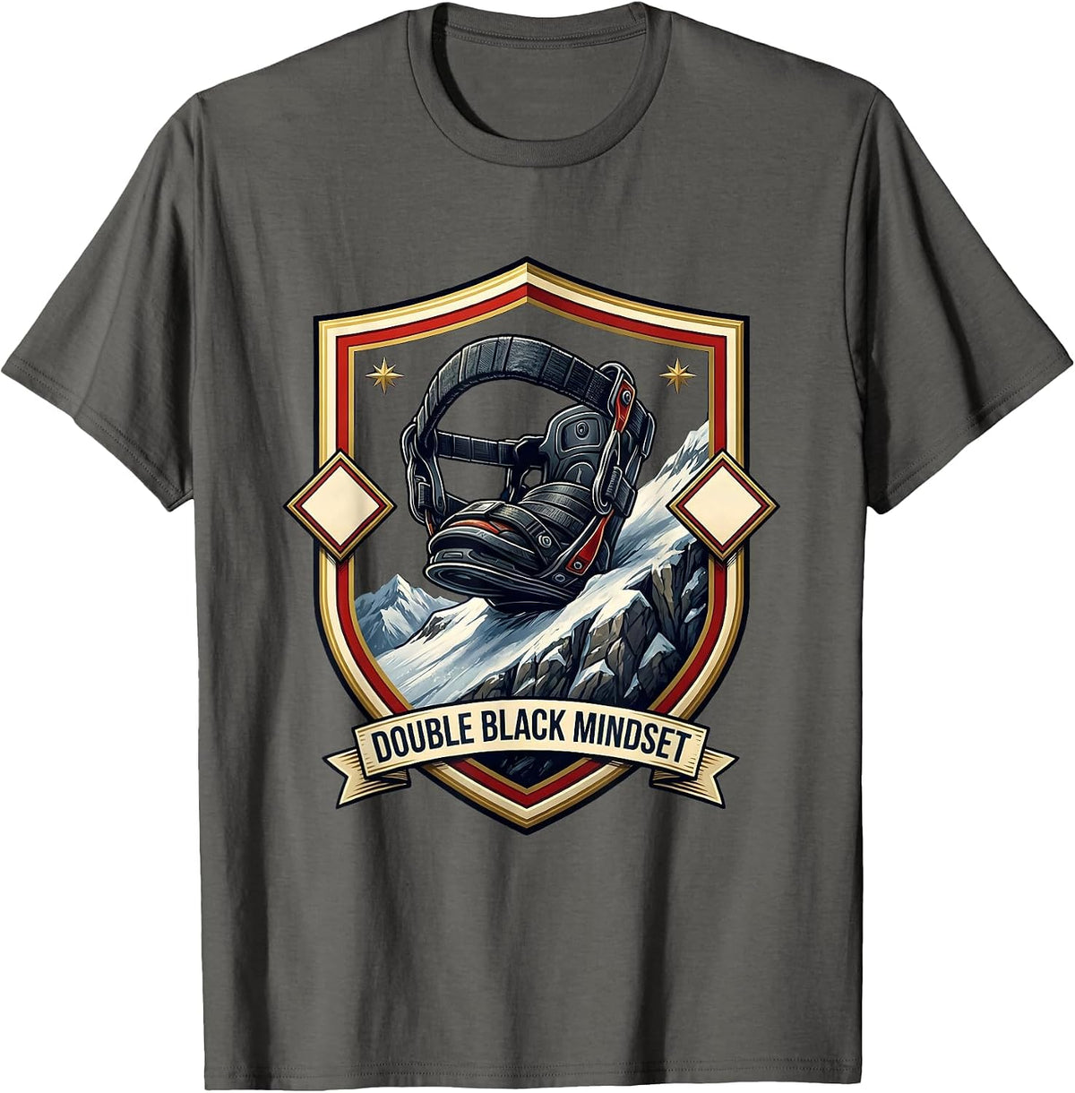 Men's Double Black Mindset Funny Snowboarder Ski Humor Emblem T-Shirt - Asphalt Grey
