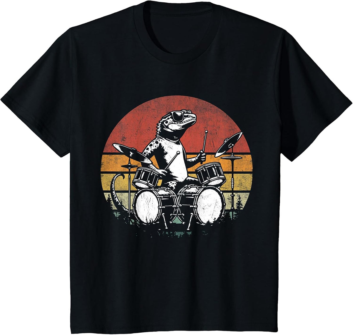 Funny Retro Lizard Drummer Rock Drummer Lizard Playing Drums T-Shirt - Black