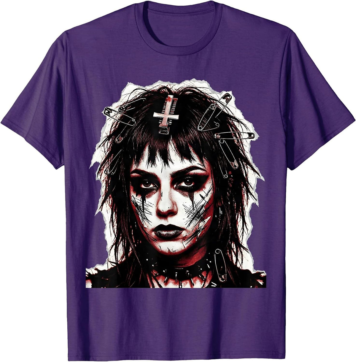Emo Girl Upside-Down Cross Hair Clip Graphic T-Shirt - Purple
