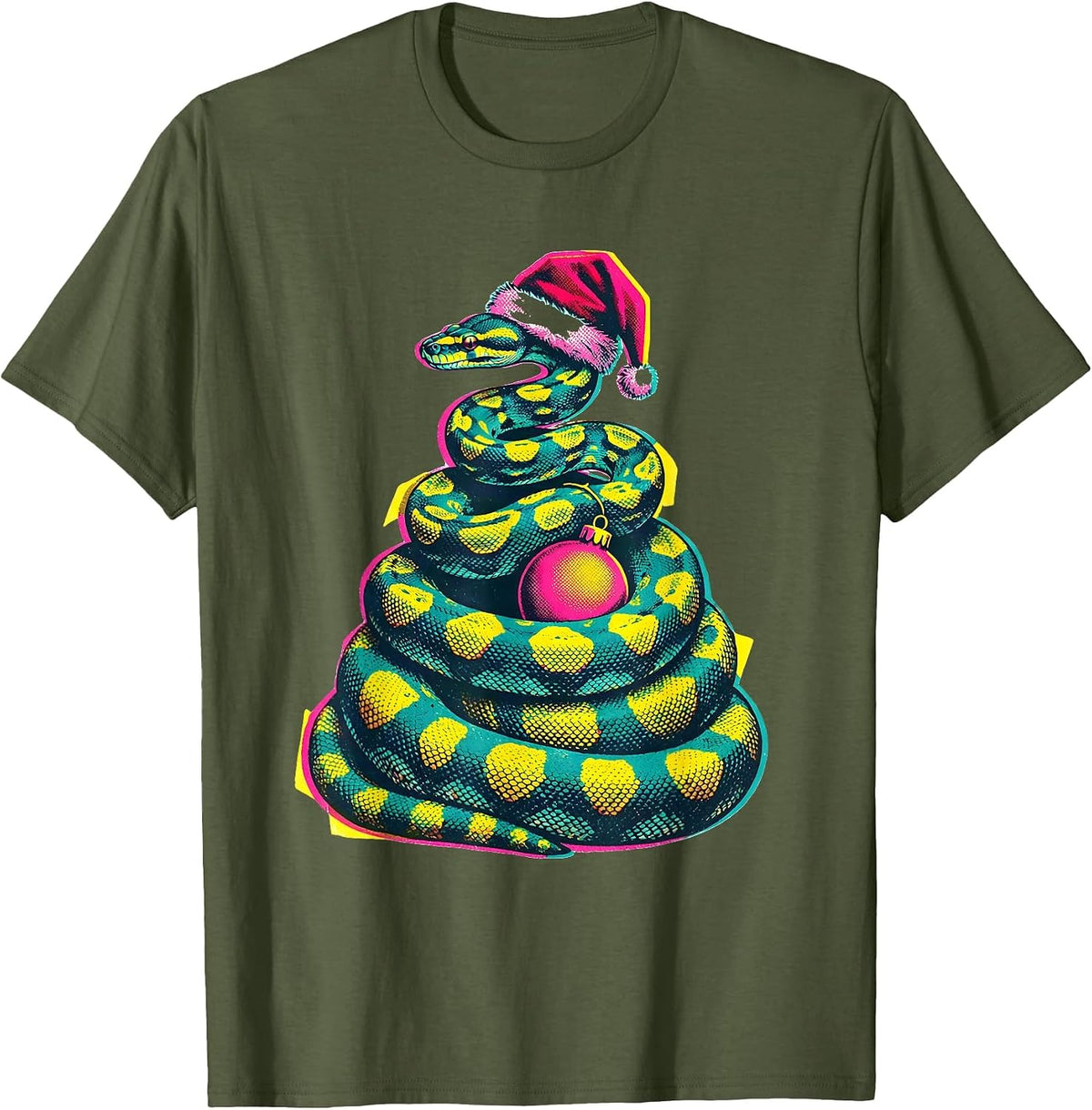 Ball Python Santa Hat Risograph Reptile Lover Christmas T-Shirt - Olive Green