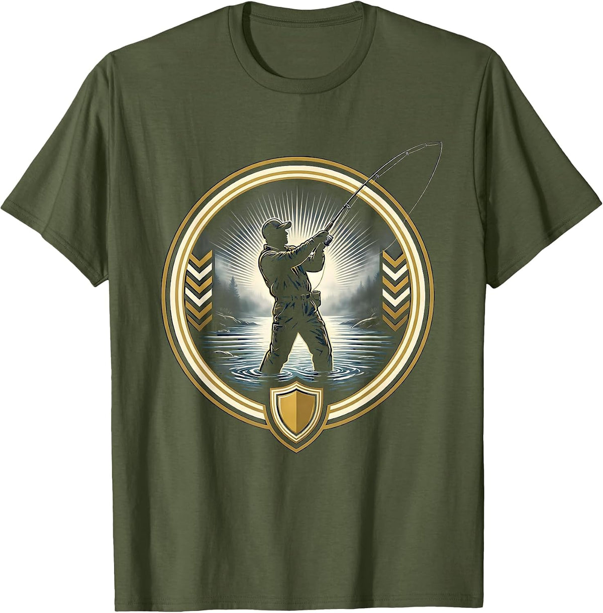 Fisherman Wading in River Fog Graphic T-Shirt - Olive Green