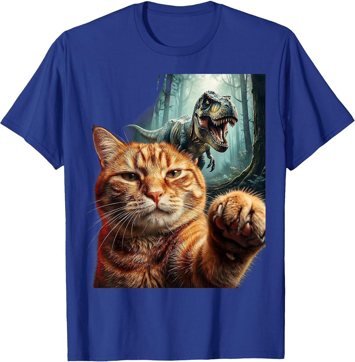 Oversized Cat Face T-Rex Pulp Cover Funny Meme T-Shirt - Royal Blue