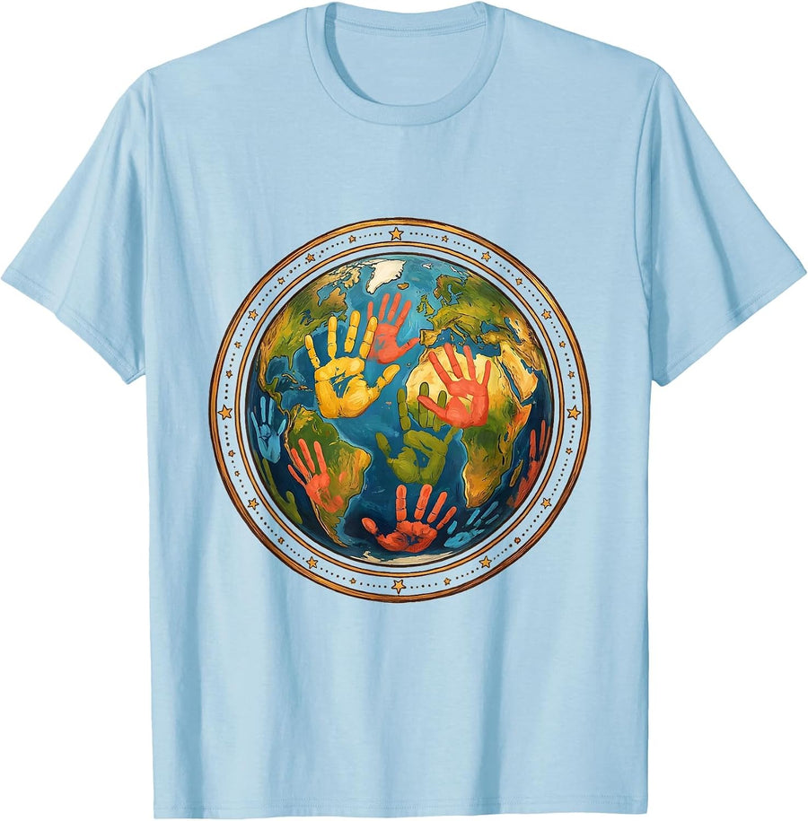 Men's Kindergarten Teacher Colorful Handprints Globe T-Shirt - Baby Blue