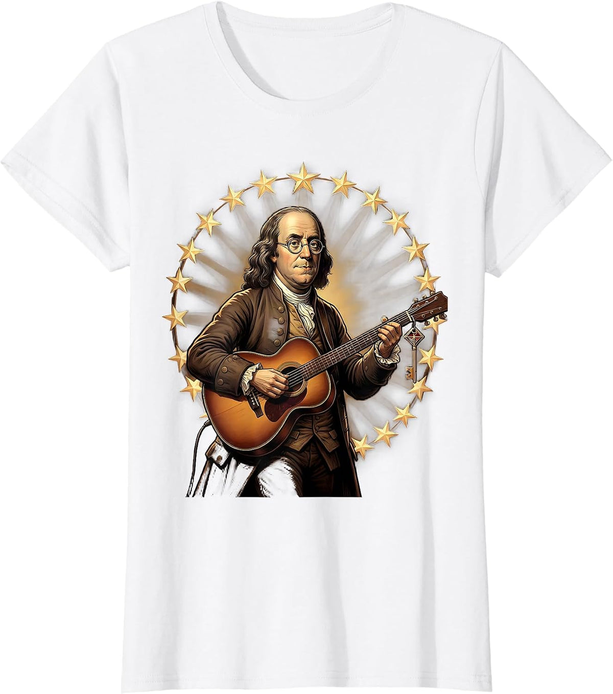 Benjamin Franklin Playing Guitar Historical Music Enthusiast T-Shirt - White