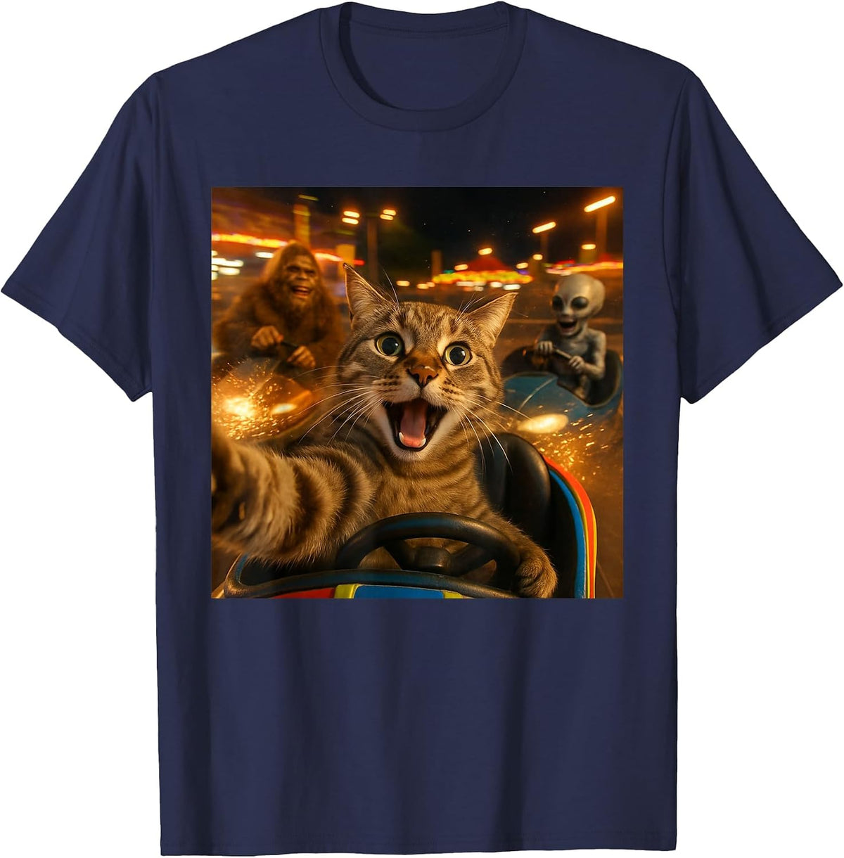 Funny Cat Selfie with Big Foot & Alien Bumper Car Meme T-Shirt - Navy Blue