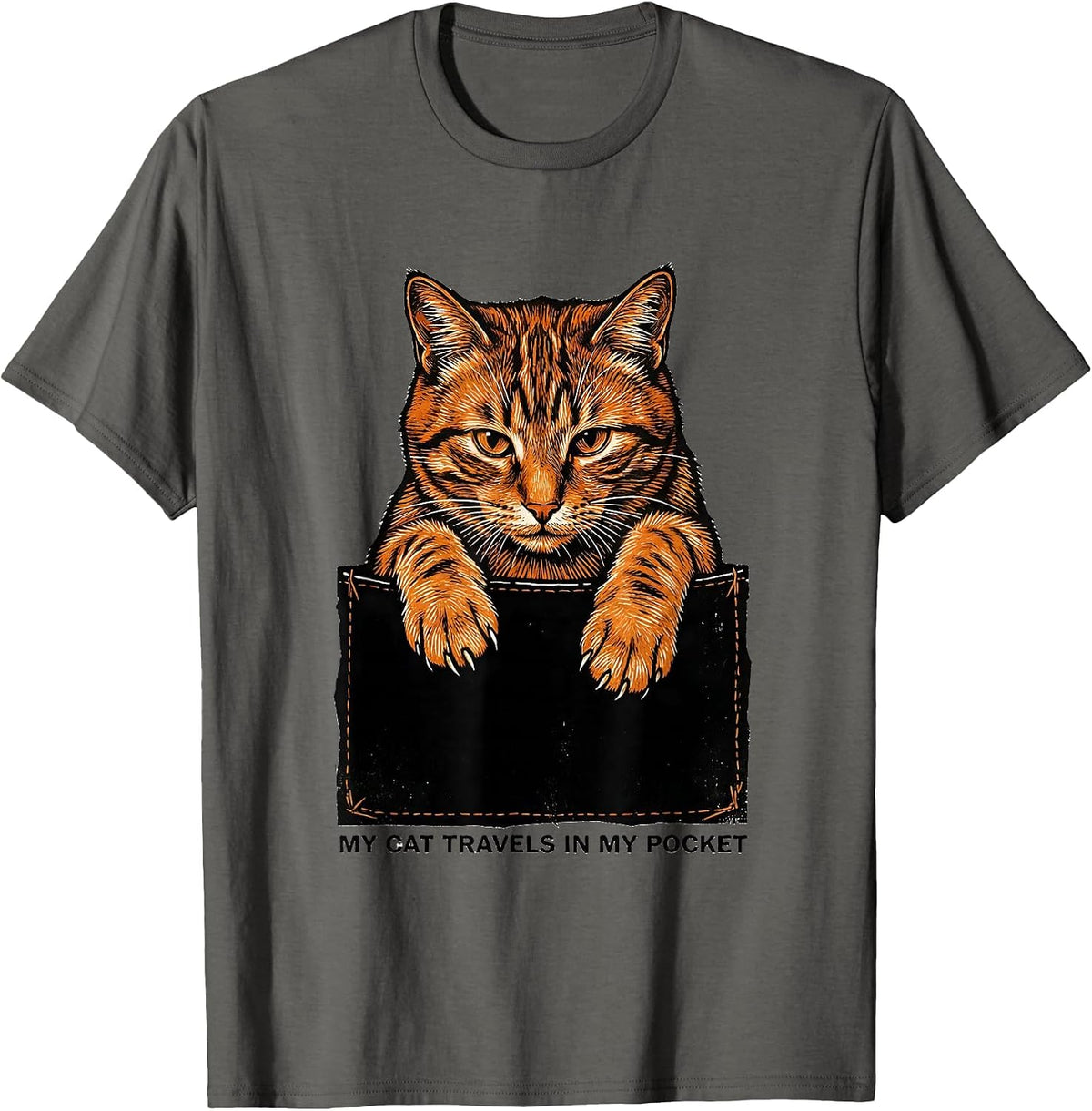 Men's My Cat Travels In My Pocket Playful Cat Lover Linocut T-Shirt - Asphalt Grey