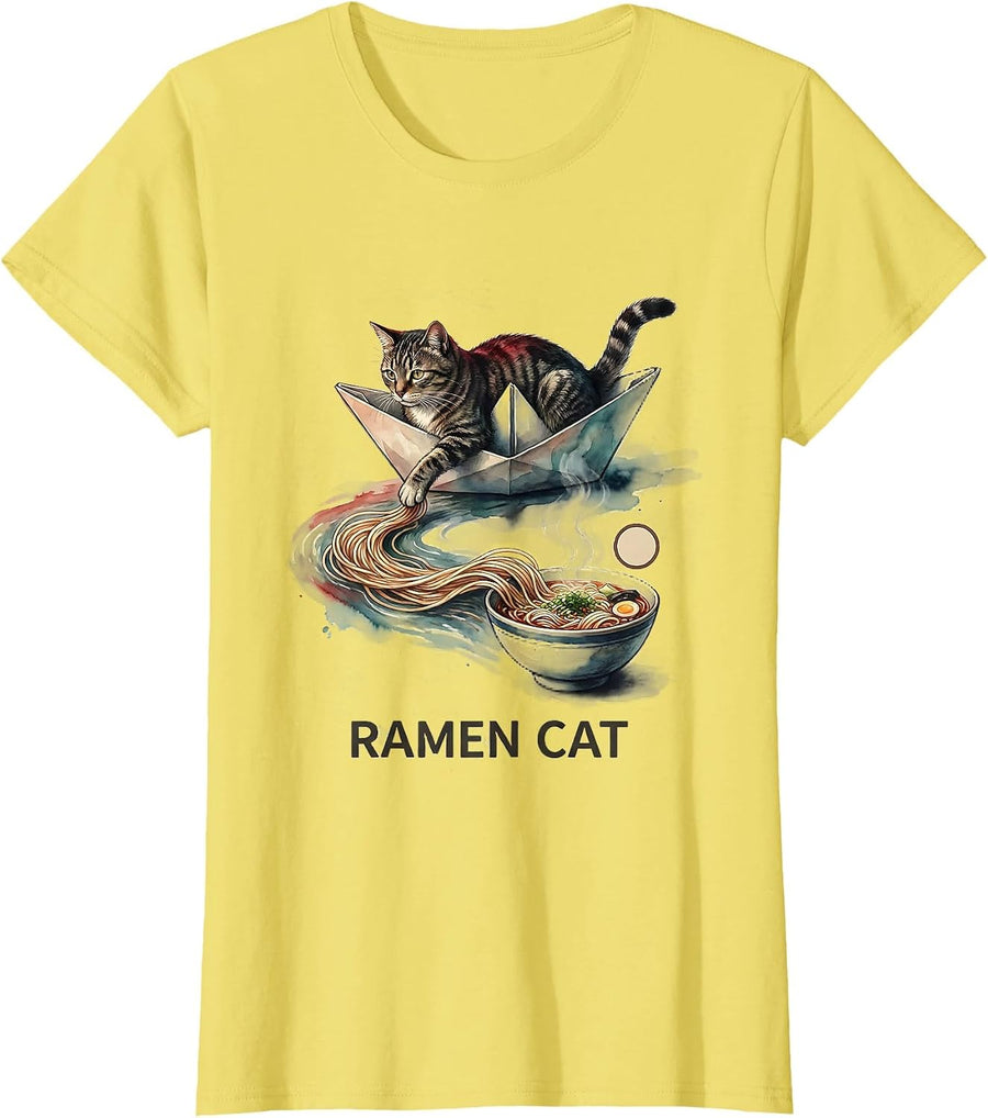 Women's Ramen Cat Watercolor Kawaii Anime Cat Lover Gift T-Shirt - Lemon Yellow