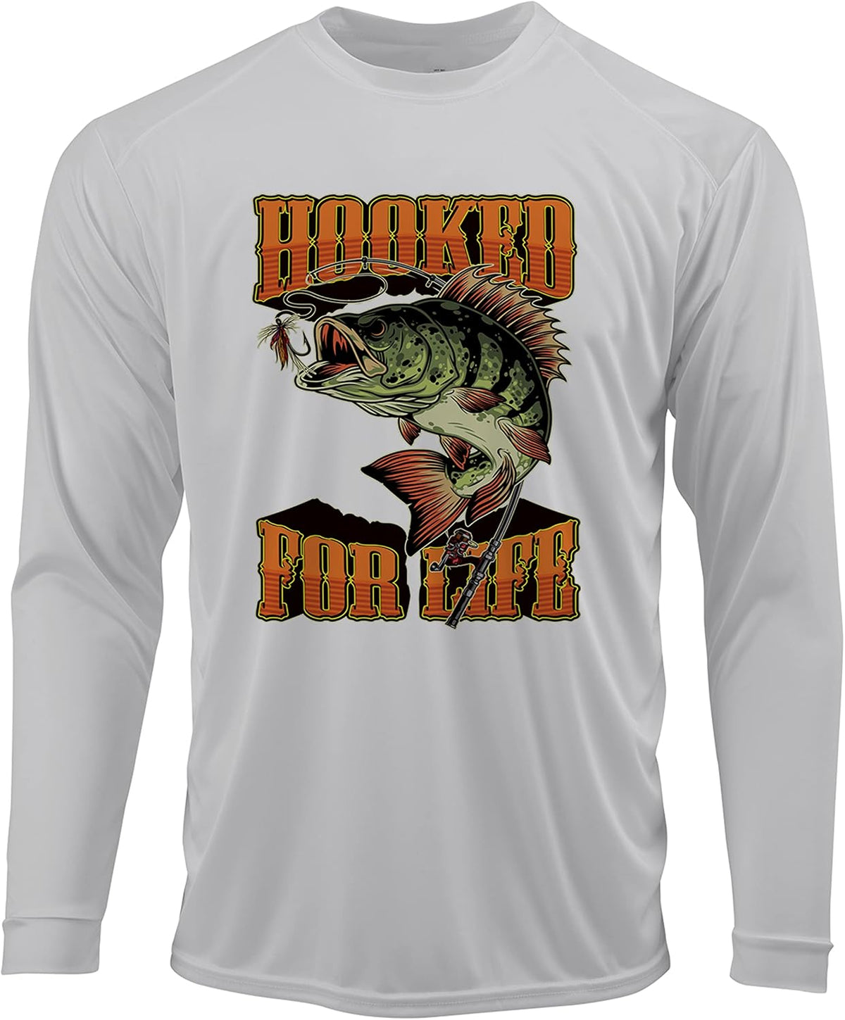 Ink Trendz Hooked for Life Bass Fishing UPF 50+ Dri-Fit Long Sleeve Performance T-Shirt - Grey