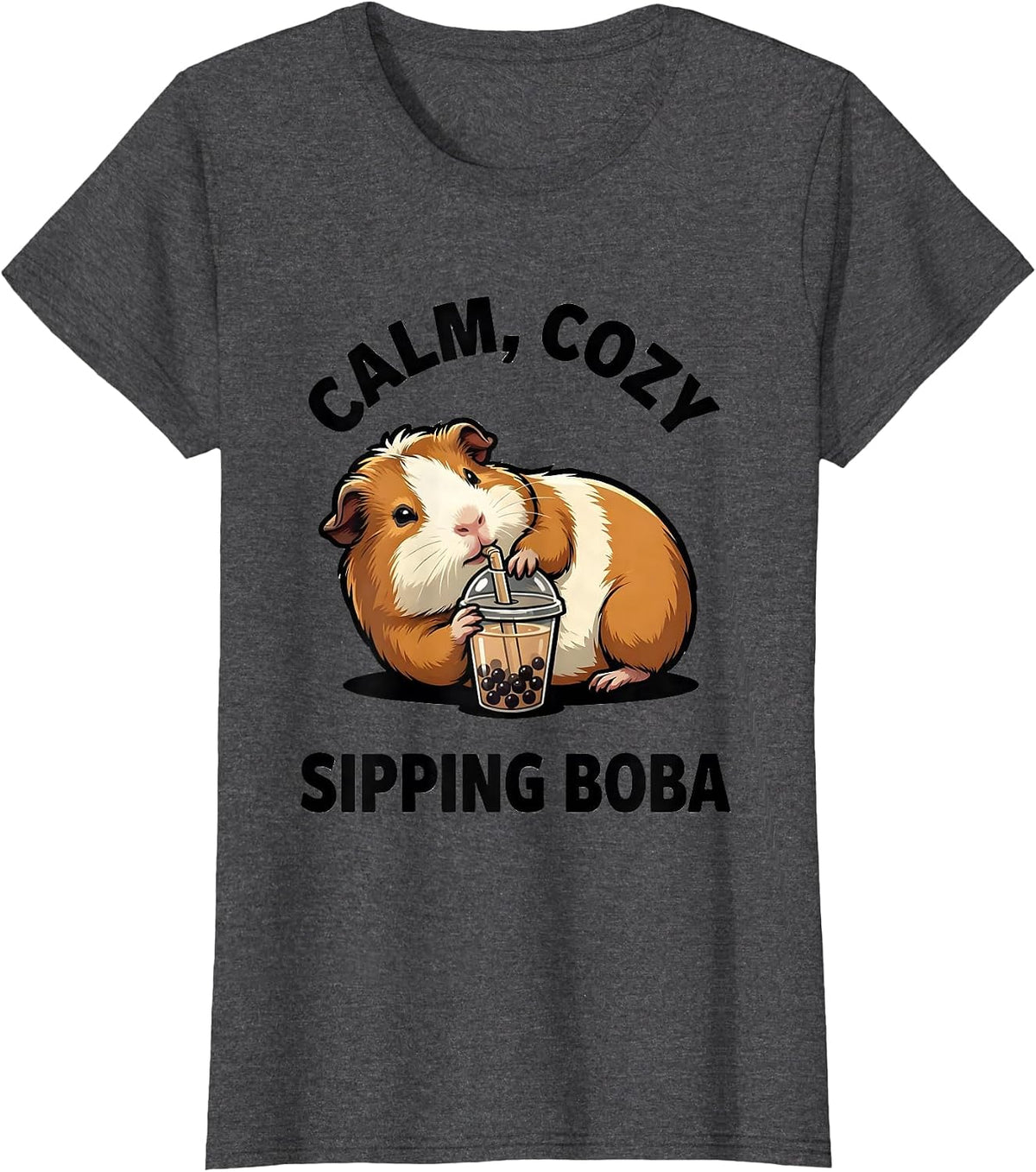 Women's Calm Cozy Sipping Boba Cute Kawaii Guinea Pig Anime Girl T-Shirt - Dark Heather Grey