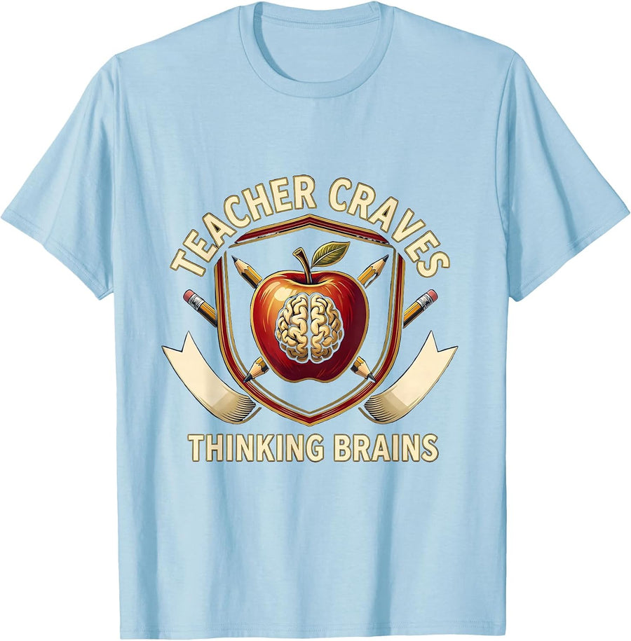 Men's Teacher Craves Thinking Brains Funny Teacher Halloween Humor T-Shirt - Baby Blue