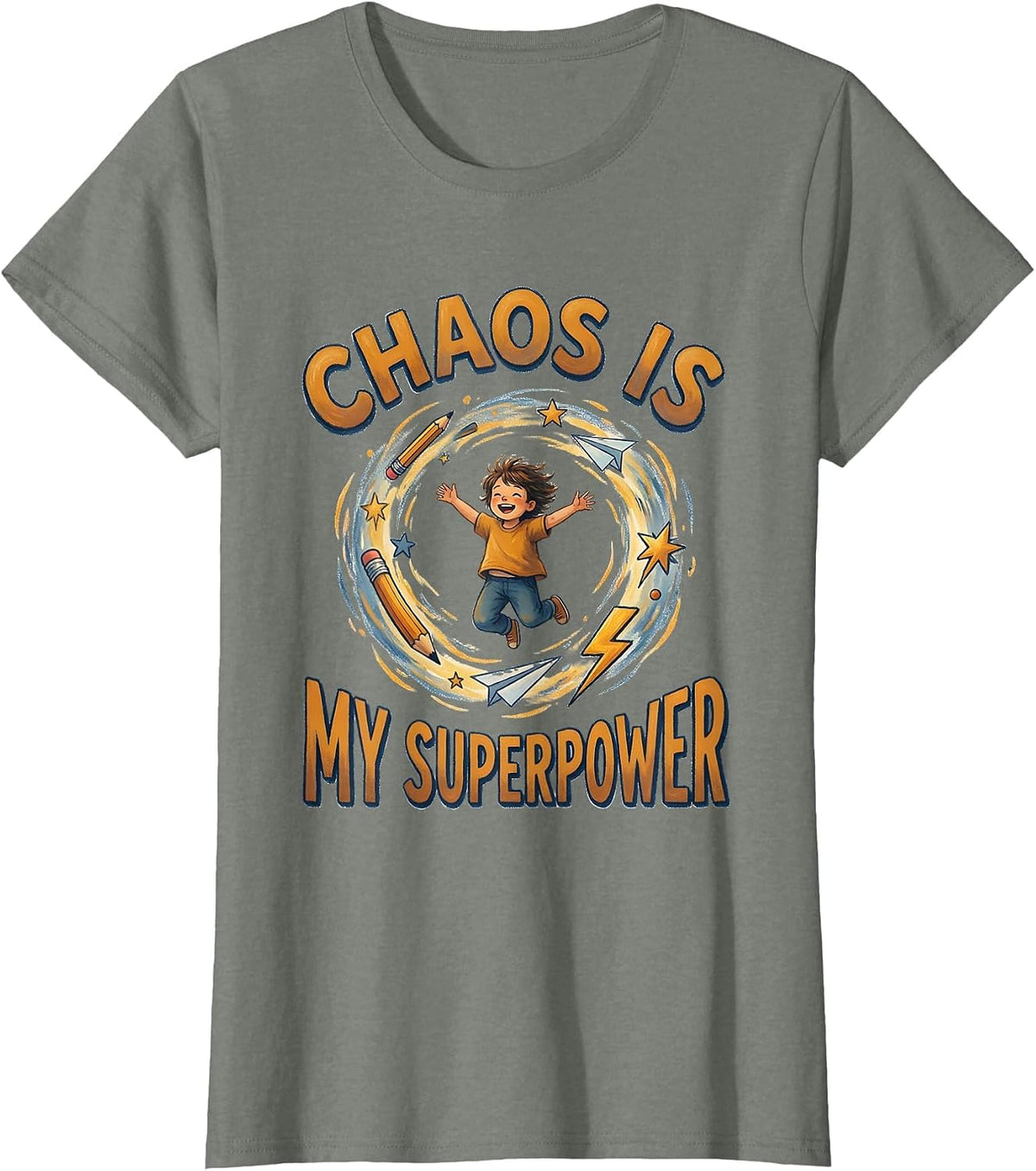 Chaos Is My Superpower ADHD Awareness Design T-Shirt - Olive Heather